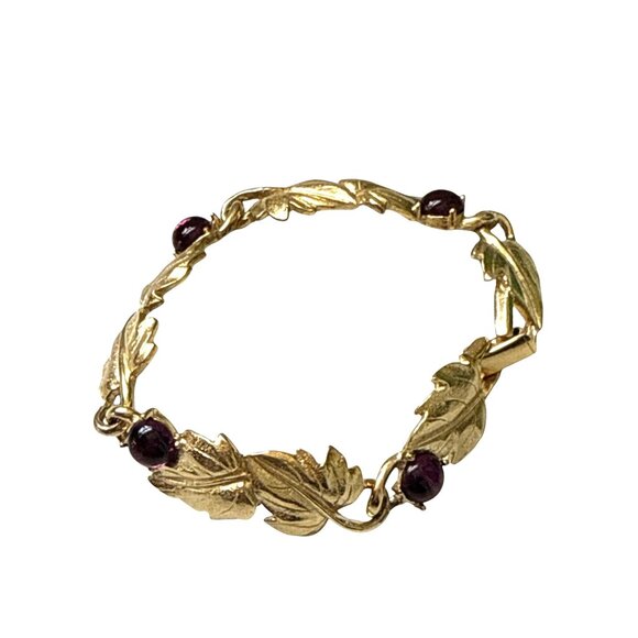 Trifari Gold Tone Leaf Link Bracelet with Purple Rhinestones Vintage Jewelry - Picture 7 of 9